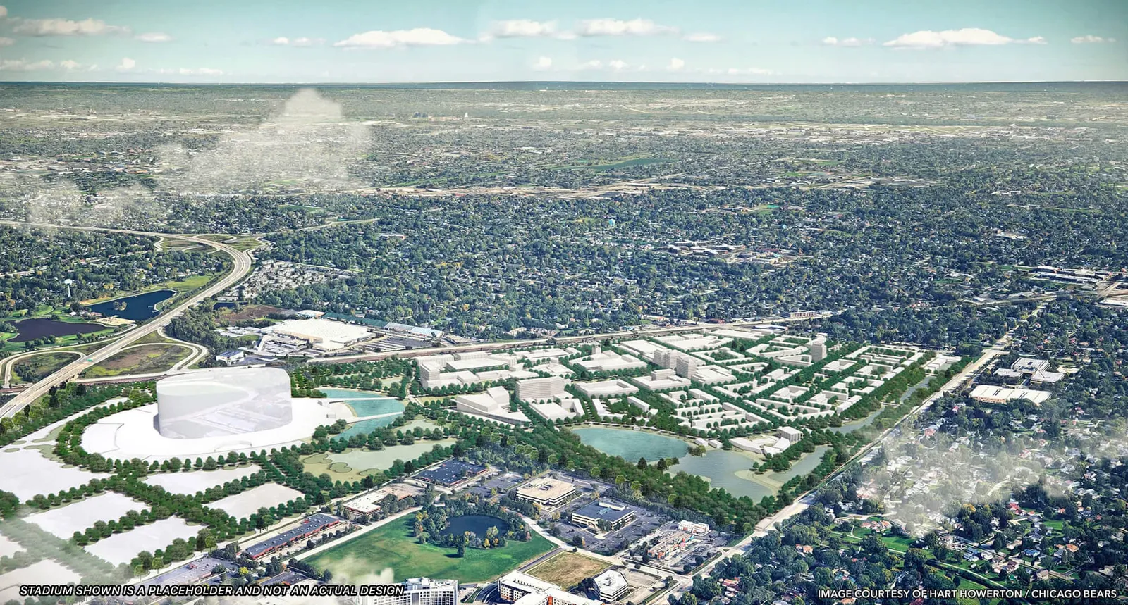 An early rendering with little detail depicting a sprawling development around a stadium.