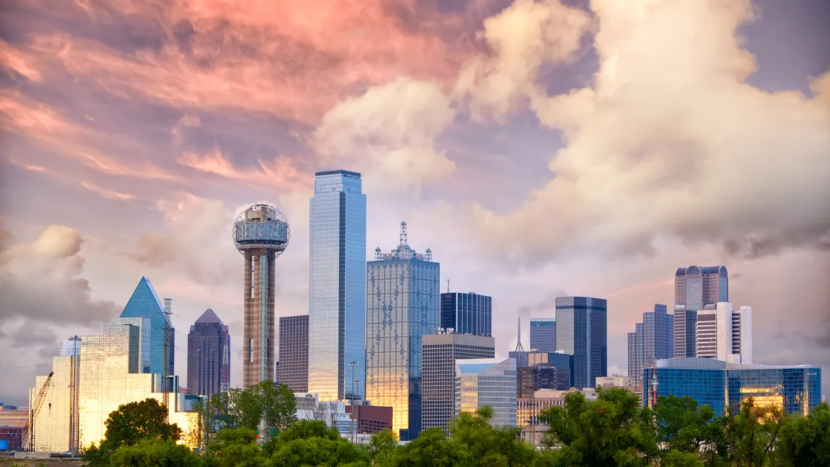 City skyline at sunset