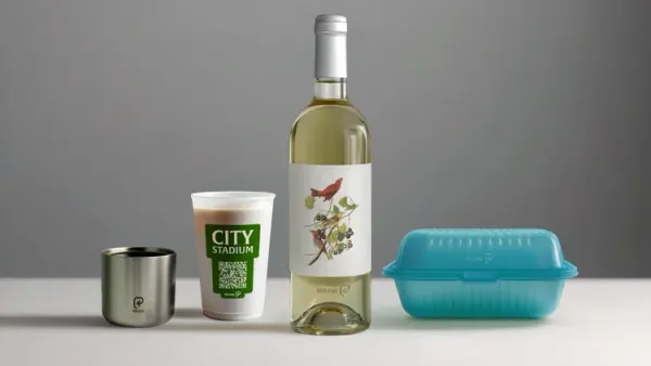 Four food and beverage containers with various messaging on the exterior, including a reuse symbol