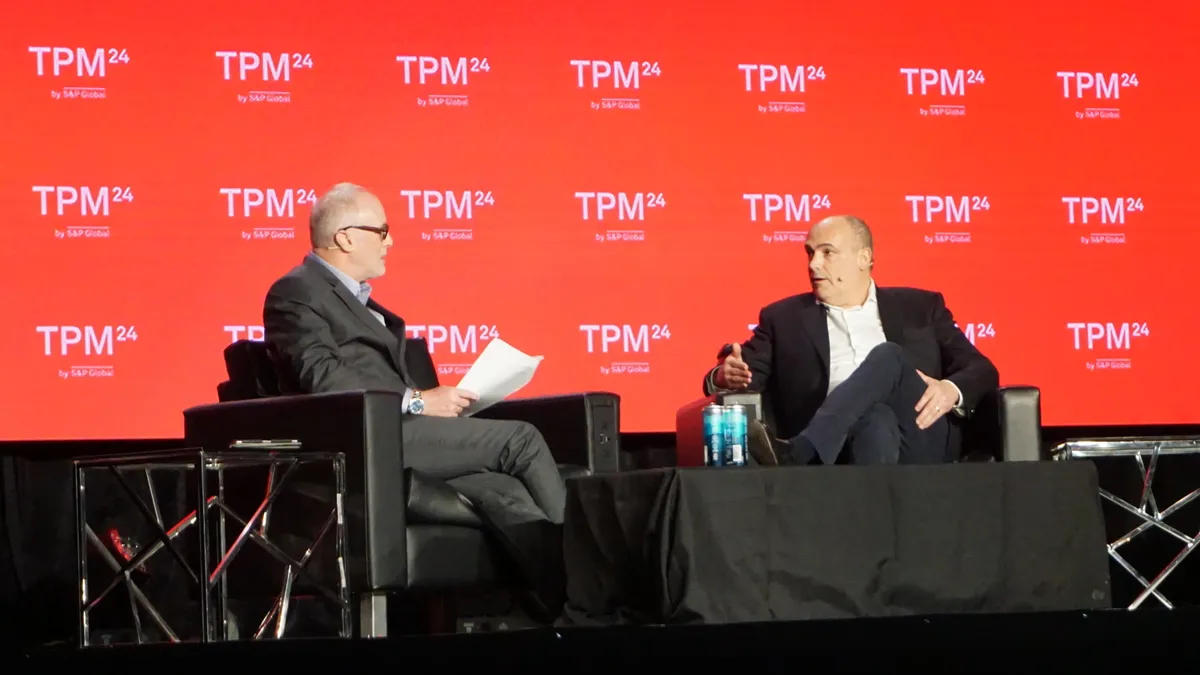 Hapag Lloyd CEO Rolf Habben Jansen speaks during a conference session at TPM24 in Long Beach, California.