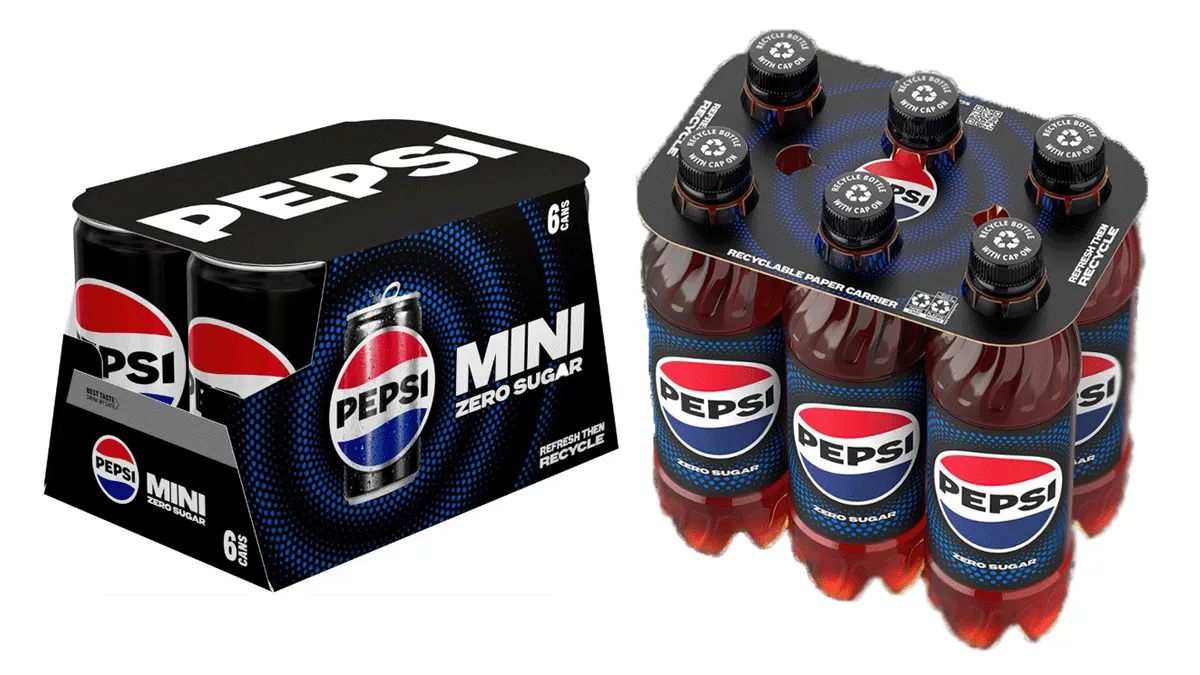 Plastic Pepsi soda bottles encased in paper packaging