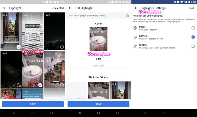 Facebook Stories highlights screenshots