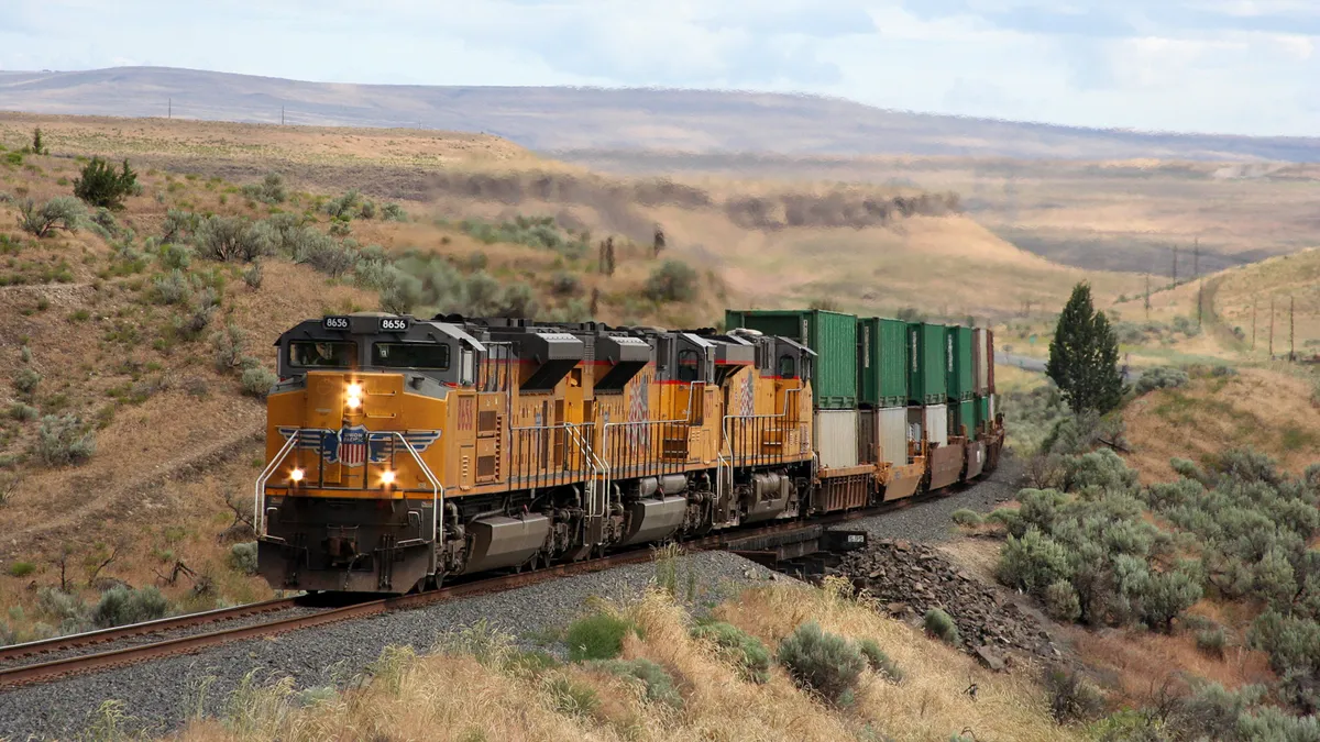 UP garbage train a few miles south of Arlington, Oregon. This train hauls Seattle's garbage to a massive landfill located on the former Condon Branch.