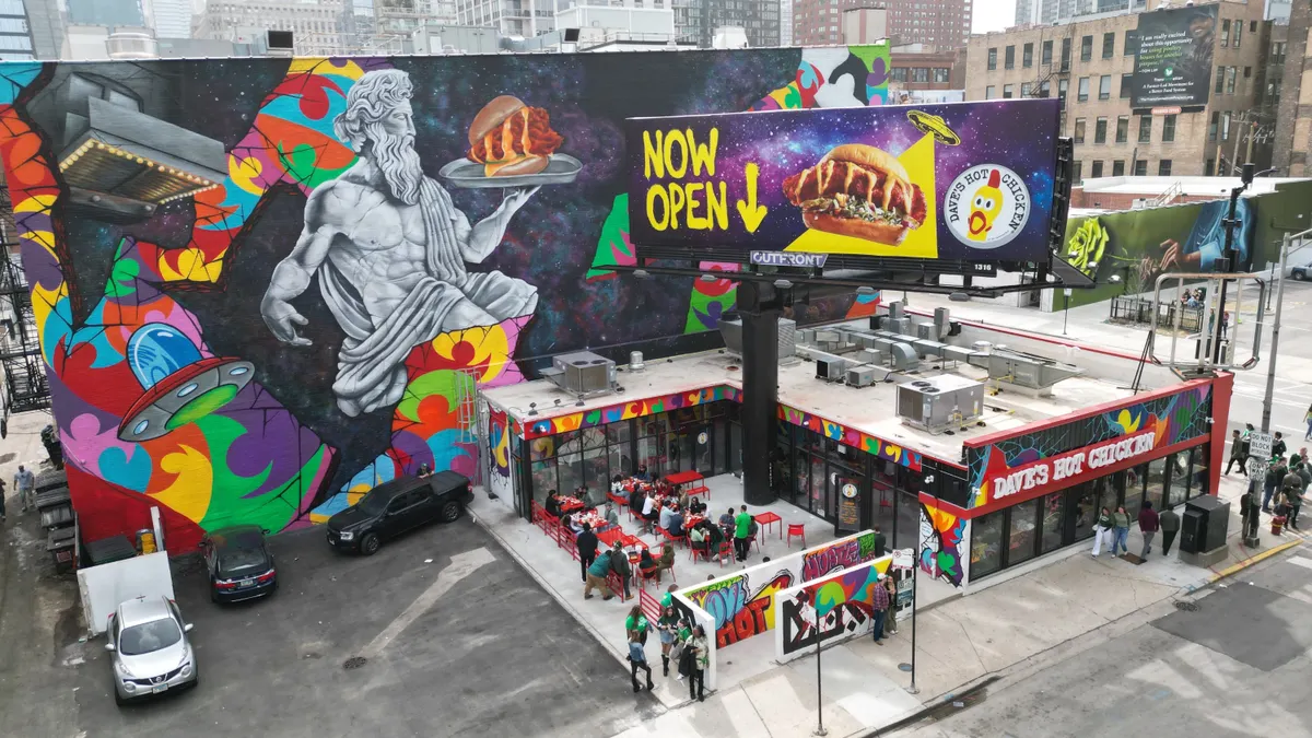 A Dave's Hot Chicken fast casual restaurant in Chicago viewed from above.