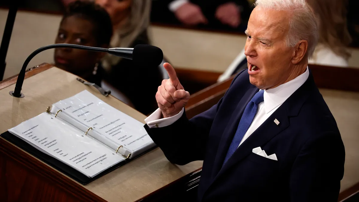 U.S. President Joe Biden delivers his State of the Union address during a joint meeting of Congress in the House Chamber of the U.S. Capitol on February 07, 2023 in Washington, DC.