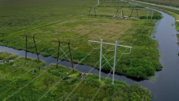 Electric transmission lines cross a swamp.