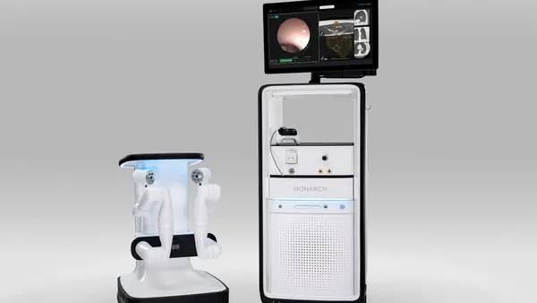 J&J's Monarch robotic surgery system for bronchoscopy is shown against a gray background.