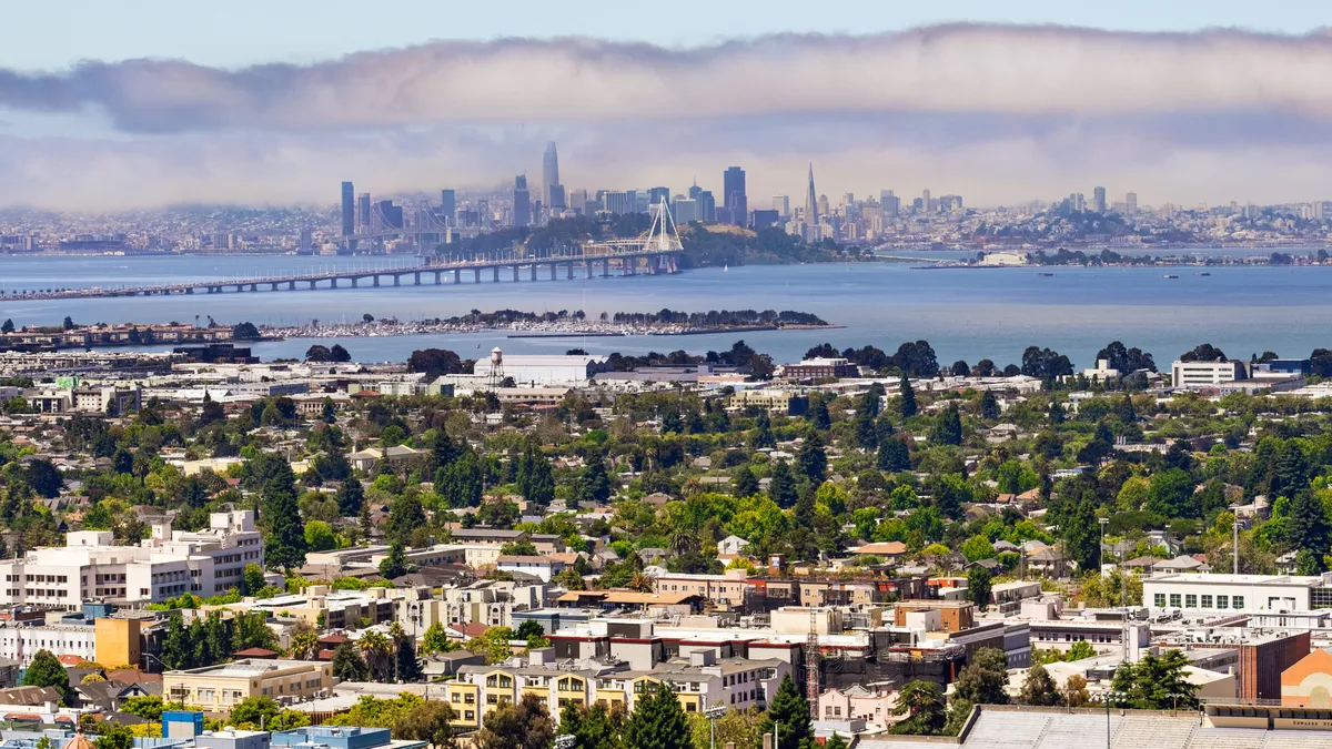 Panoramic view of Berkeley; San Francisco, Treasure Island and the Bay bridge visible in the background; California.