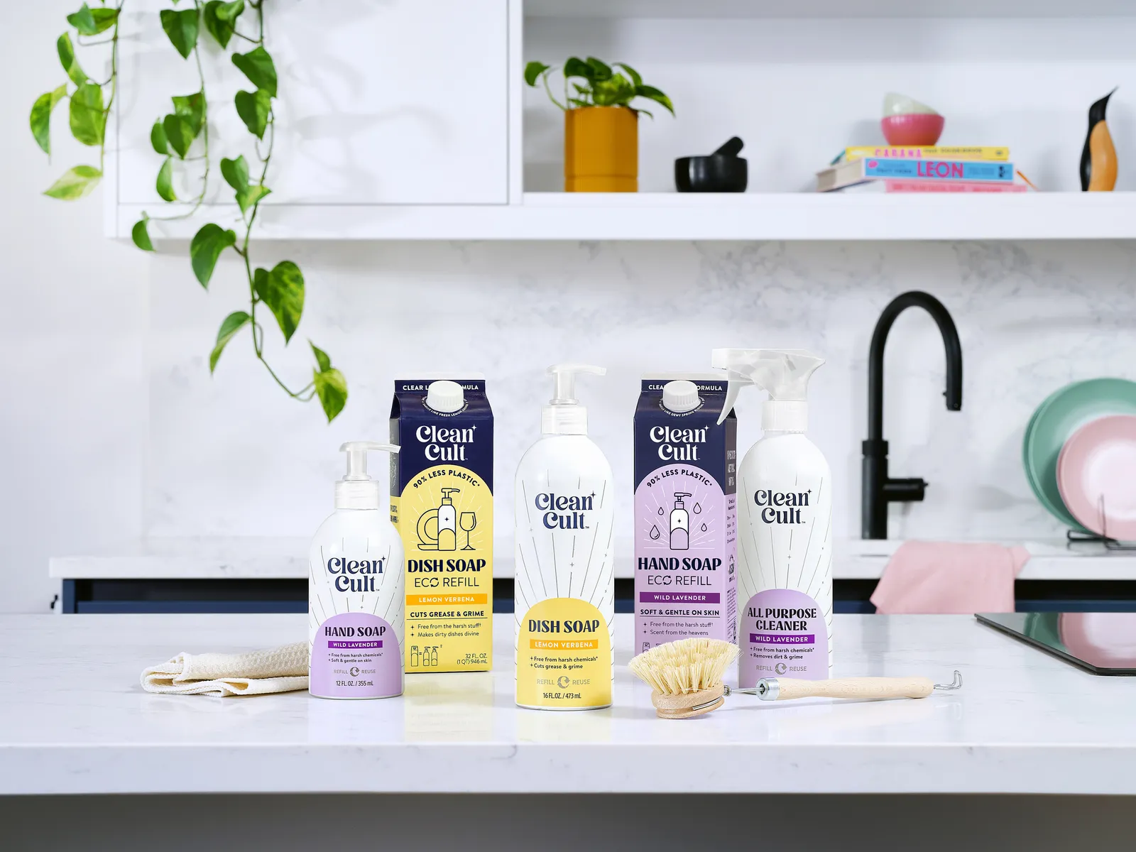 Cleancult line of soaps and home cleaning products packaged in aluminum bottles