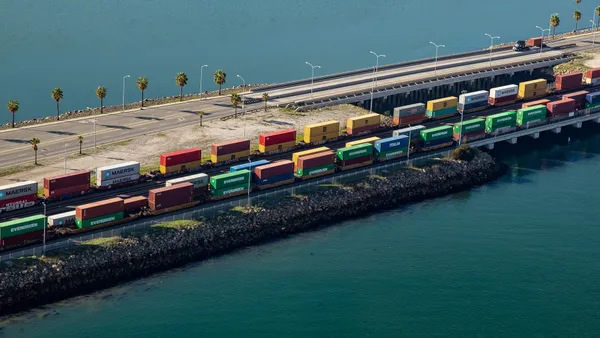 A string of containers at an on-dock rail yard at the Port of Los Angeles.