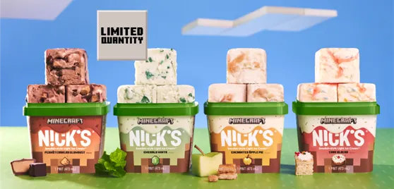 Four square pints of Nick's Ice Cream's Minecraft flavors, each with square shaped scoops on top, on a green grass field and with block-shaped clouds in a blue sky.