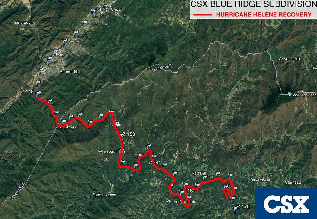 A map detailing stretches of CSX&#x27;s Blue Ridge subdivision recovering from Hurricane Helene.