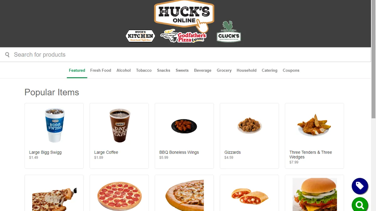 A screenshot of Huck's online order