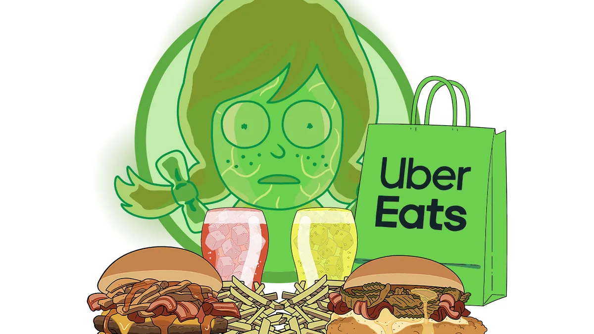 A green co-branded Wendy's and 'Rick and Morty' logo and Uber Eats bag flank cartoon versions of new sandwiches and drinks from the restaurant chain.