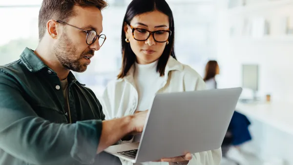 two employees work on a project on a laptop