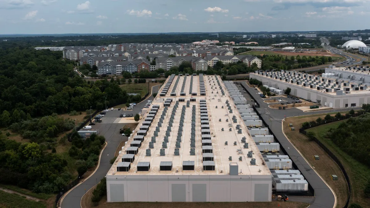 An aerial view of a large warehouse.