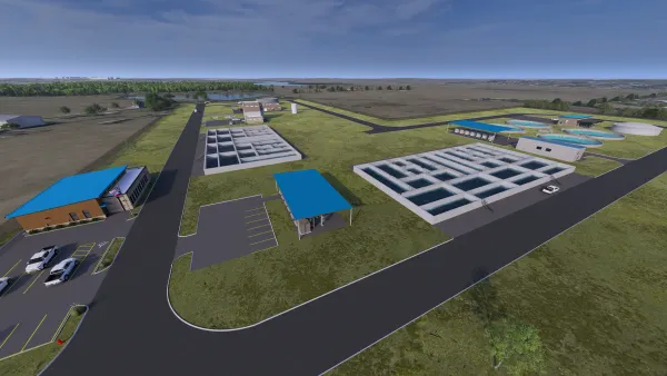 A rendering of several buildings on land, spread far out on green pigmented tiles and some asphalt.