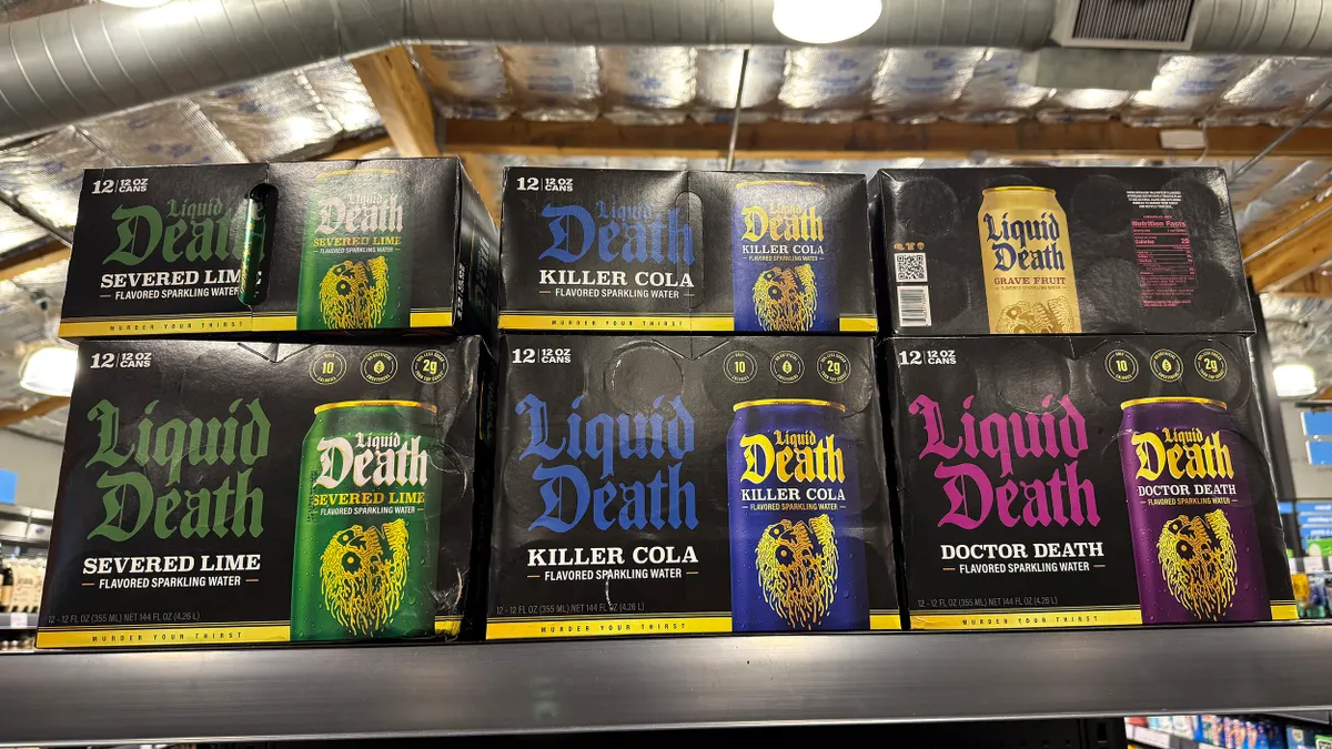Cases of Liquid Death-branded drinks at a BevMo store on July 18, 2025 in San Rafael, California.