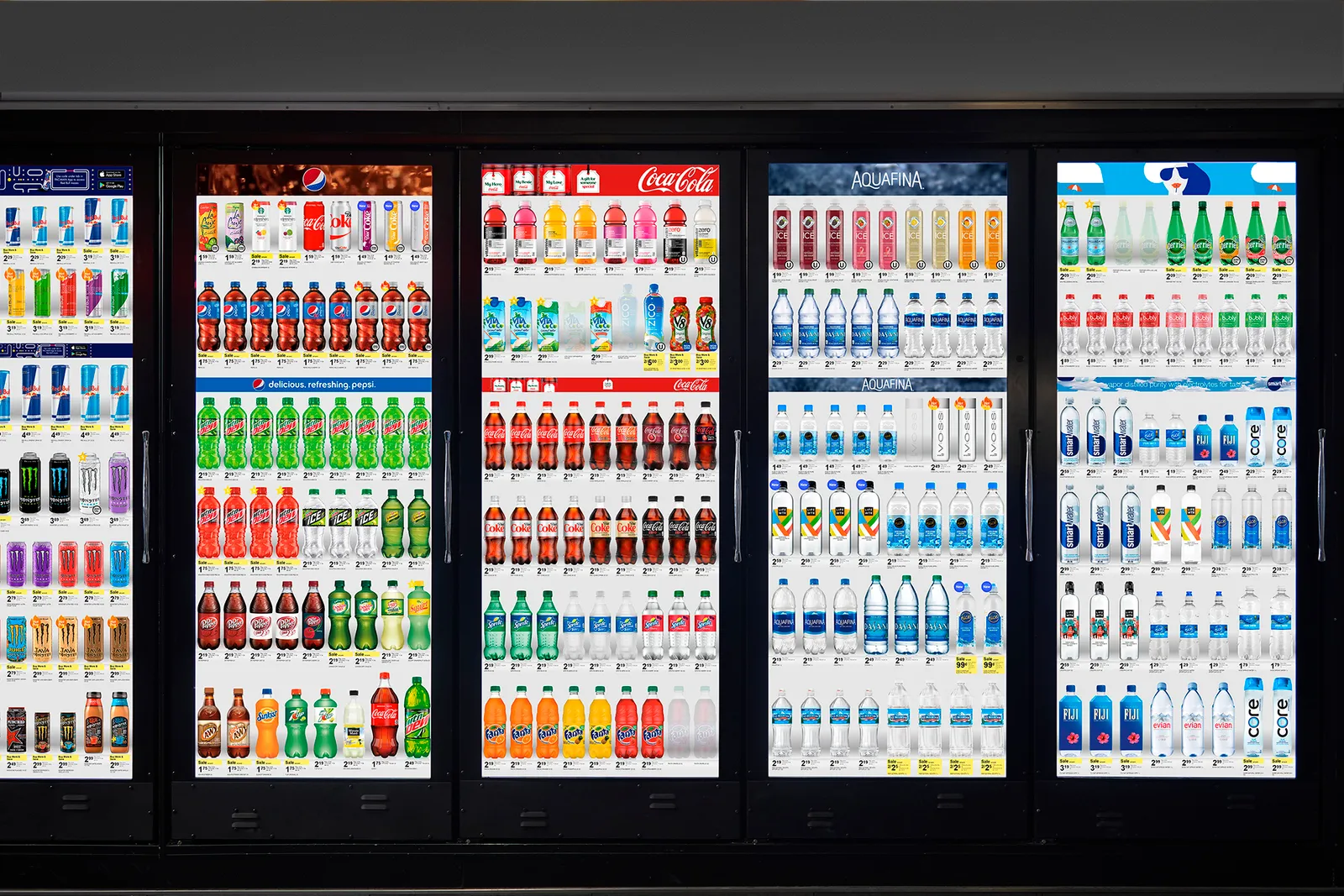 Image of retail refrigerated case with video screen-equipped doors from Cooler Screens