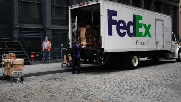 A FedEx truck makes deliveries in Manhattan on September 17, 2020 in New York City.