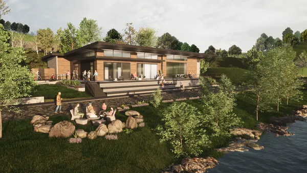 Rendering of a hotel along a scenic waterfront