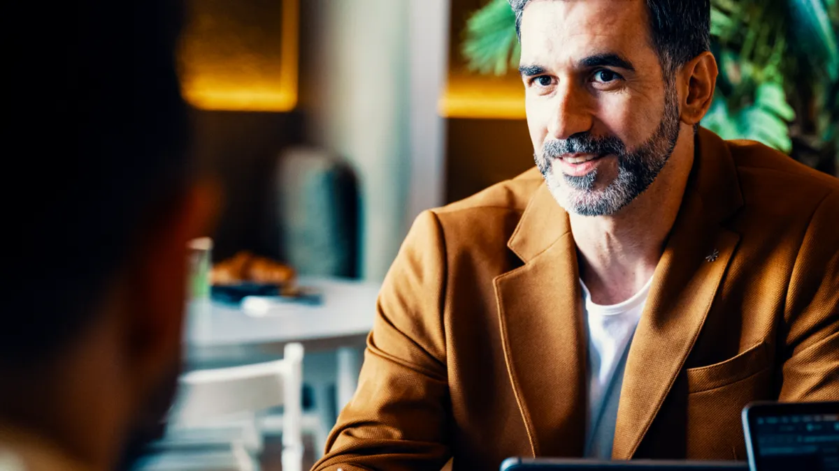 Businessperson listening to colleague in meeting at a table.