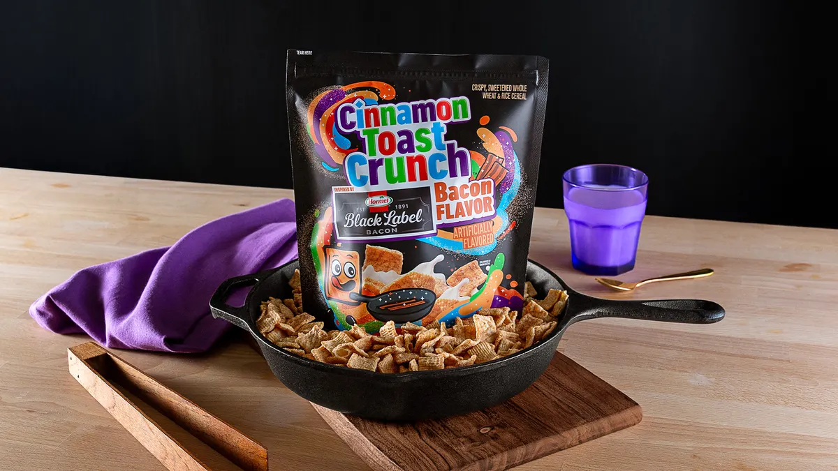 A package of  Cinnamon Toast Crunch Hormel Black Label Bacon Flavored Cereal