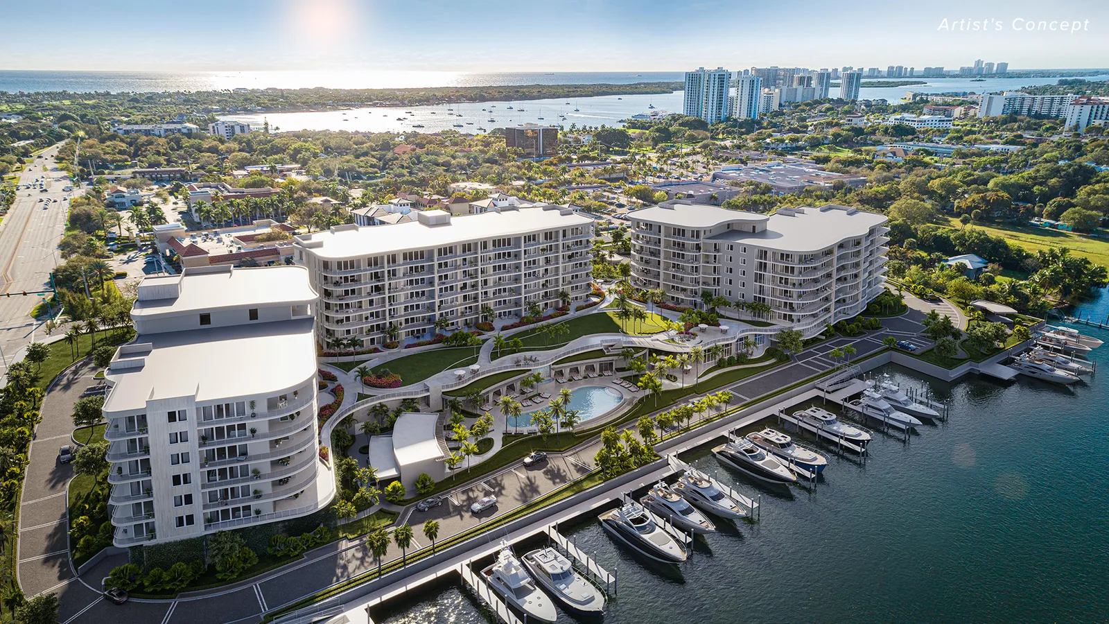 An overhead view of a mid-rise condo building.