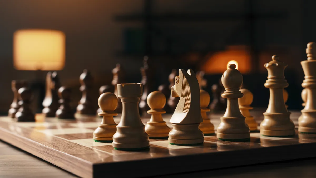 Chess board with chess pieces lined up