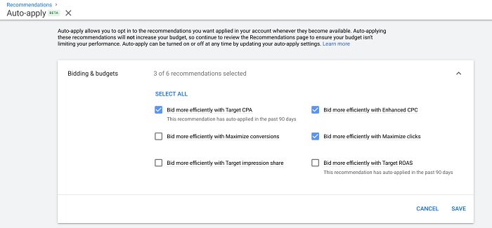 Google automated recommendations