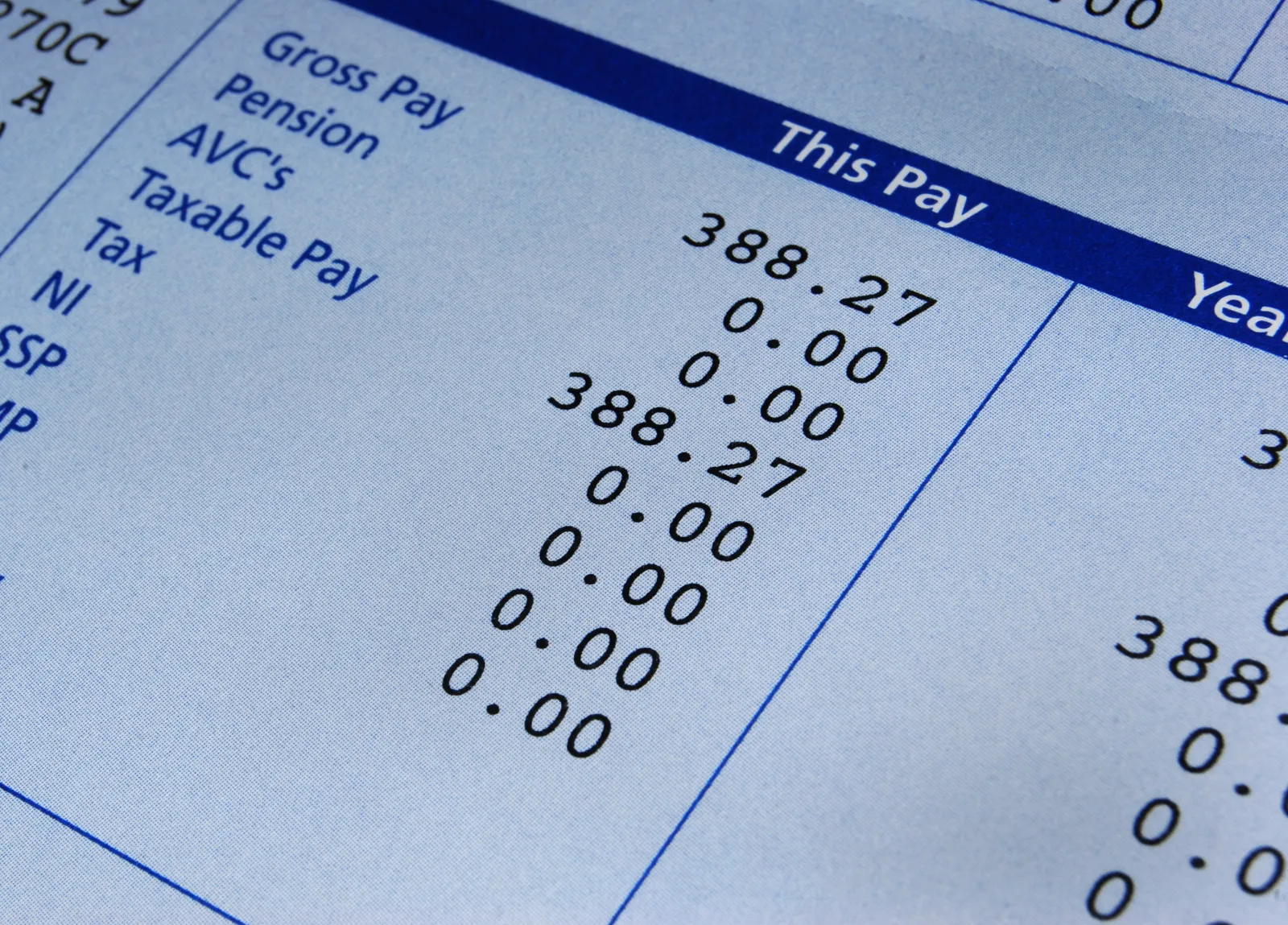 A pay slip or stub with calculations, including tax information, is pictured.