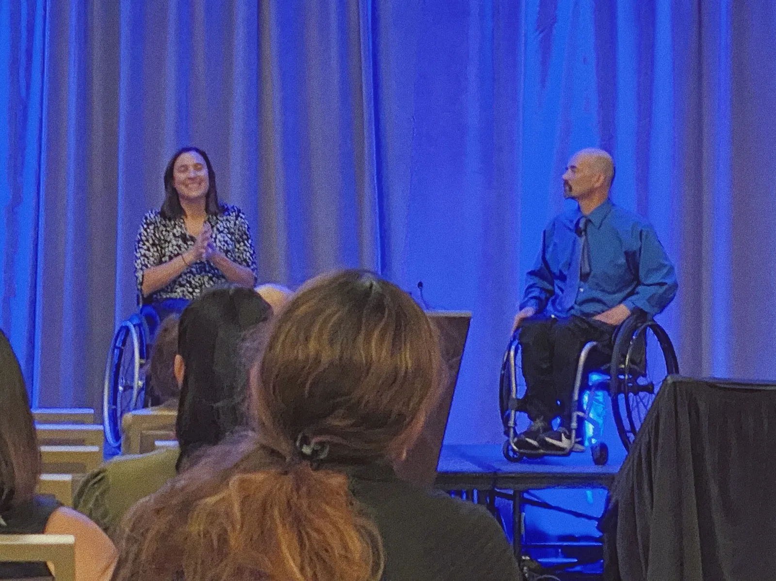 Tricia Downing and Erik Kondo on stage at SHRM Inclusion 2022