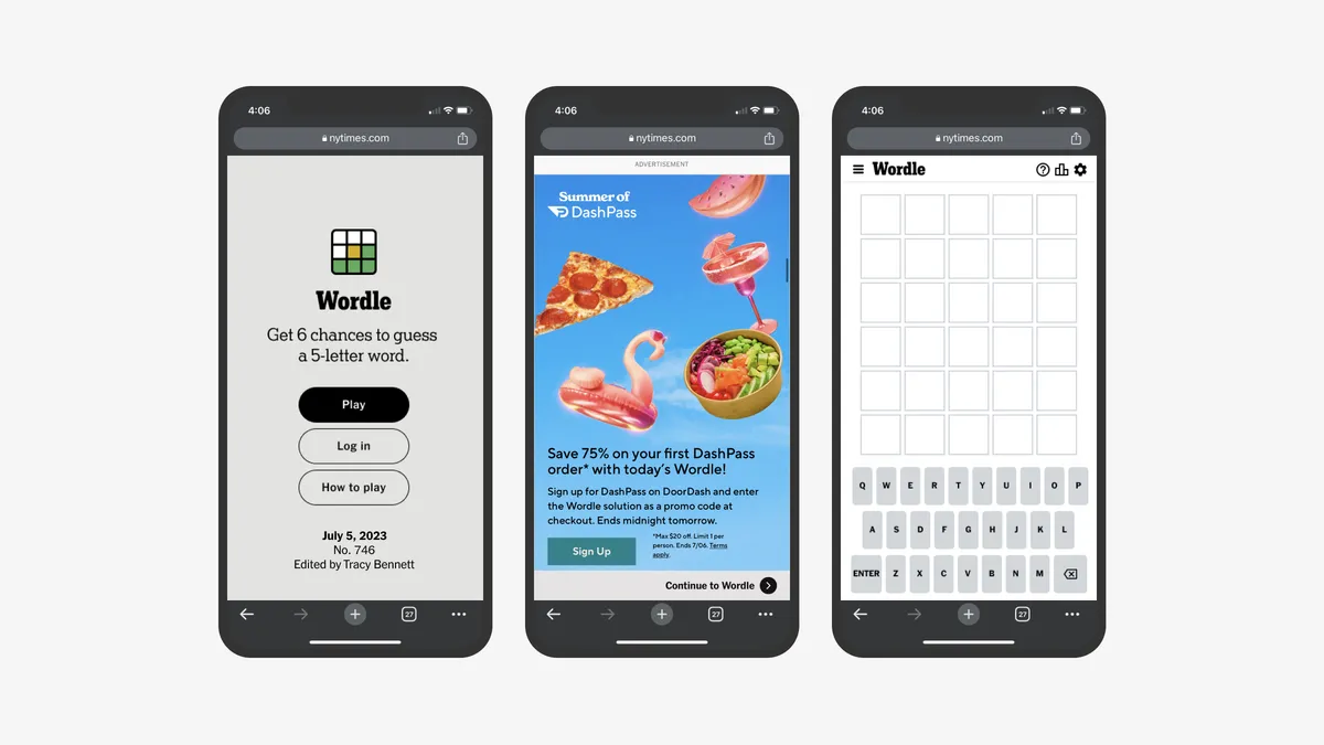 An image depicting a new ad placement within NYT's Wordle web version with DoorDash as the first to use the new placements.