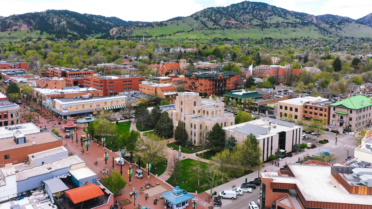 Aerial view of Pearl Street Mall in Boulder Colorado.