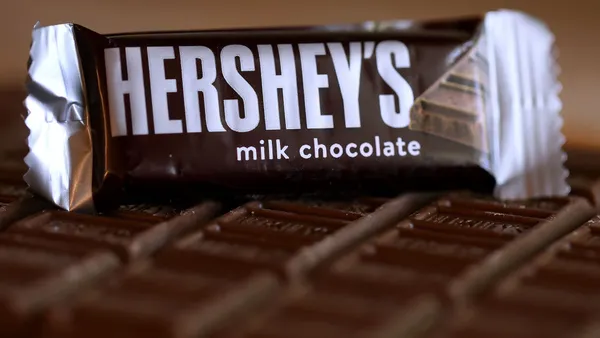 Hershey milk chocolate candy bars are displayed
