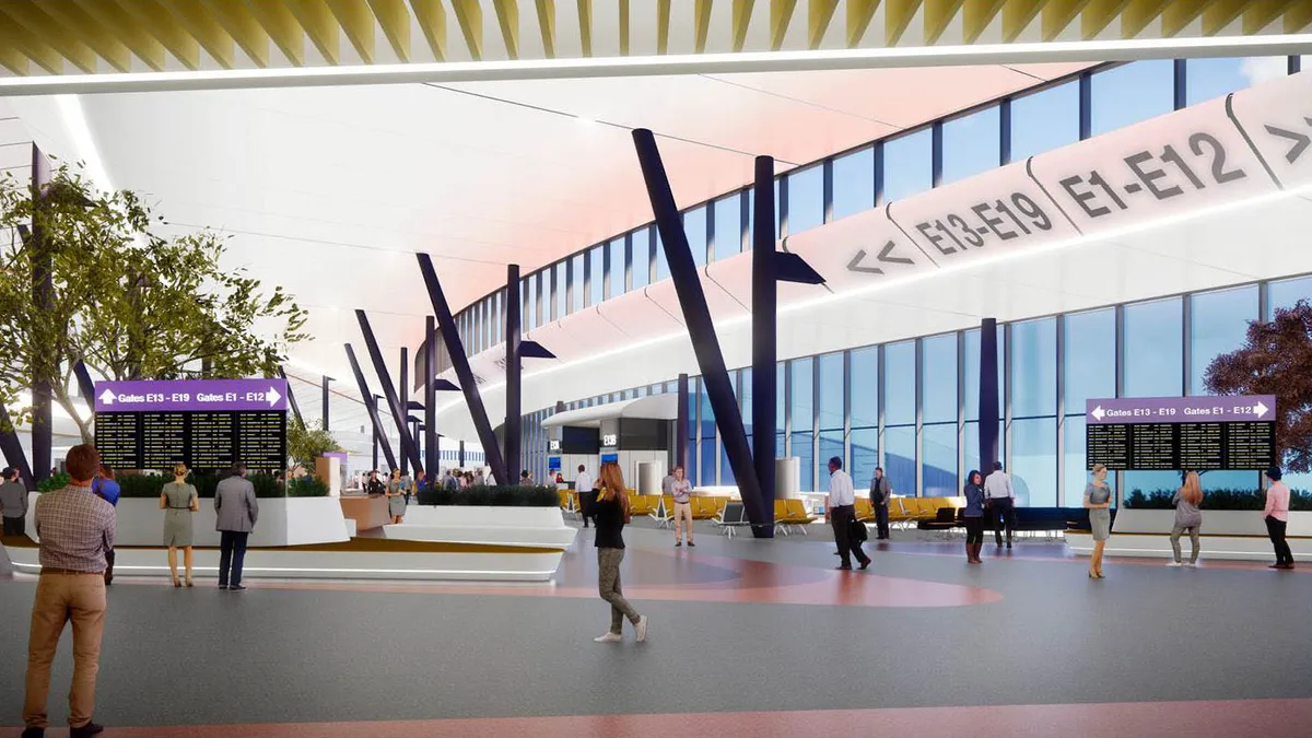 A view of routes to aircraft gates at Boston Logan Airport's terminal E.