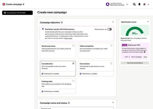 Pinterest ad optimization score