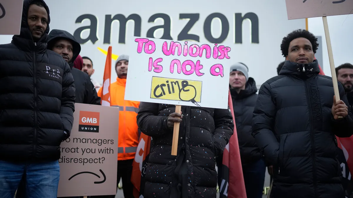 A group of workers hold a strike