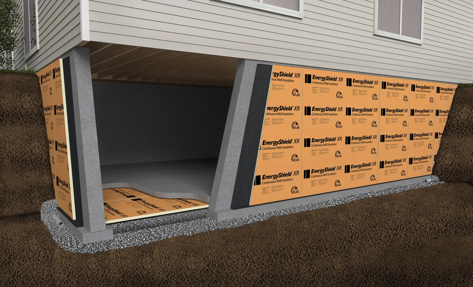 A rendering of a basement with the insulation panels visible.