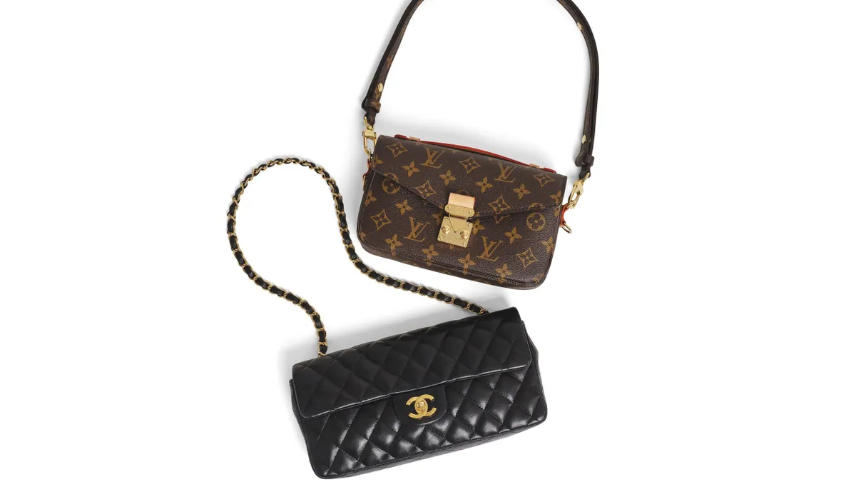 Two handbags, Louis Vuitton and Chanel, are pictured next to each other in product shots.