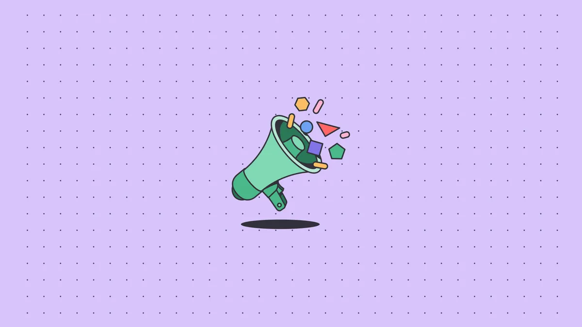 An animated megaphone with a purple dotted background