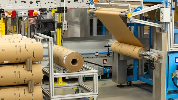 Fiber packaging on equipment at a shipment fulfillment center.