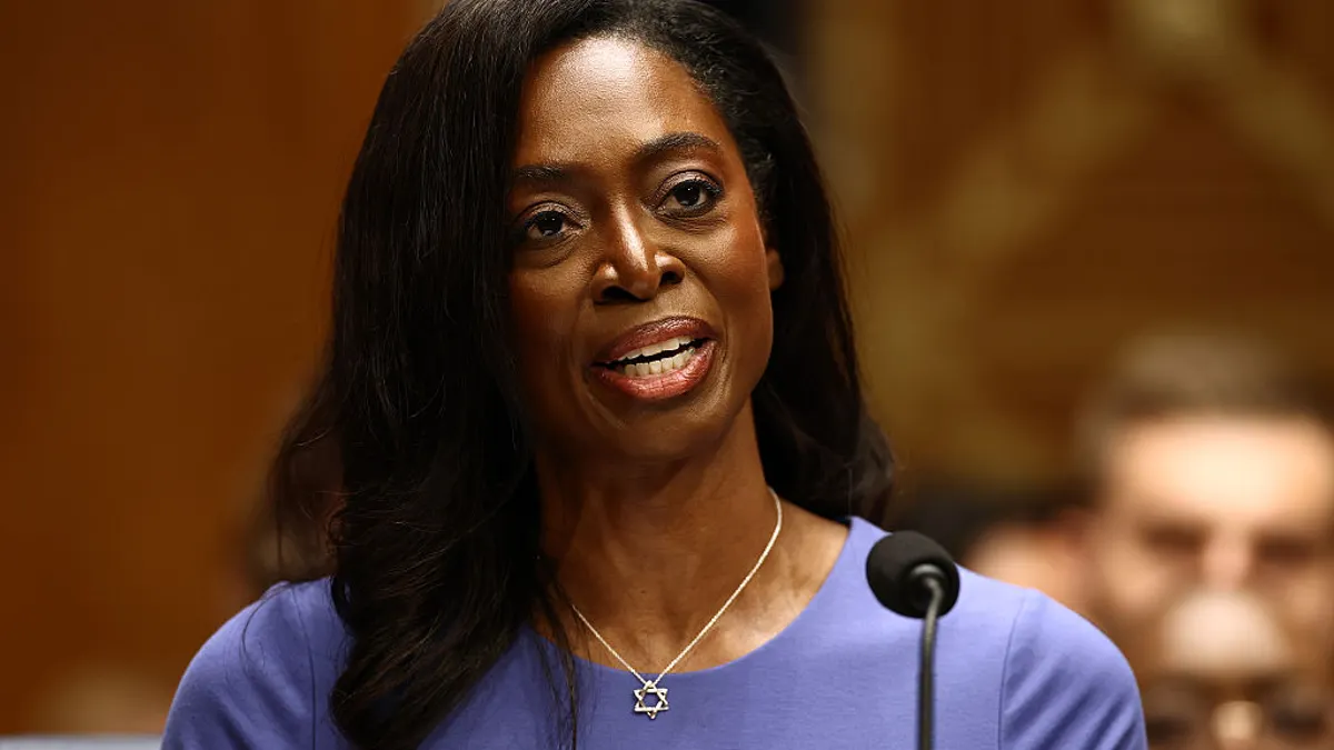 A picture of CDC director Erica Schwartz testifying at a Senate confirmation hearing.