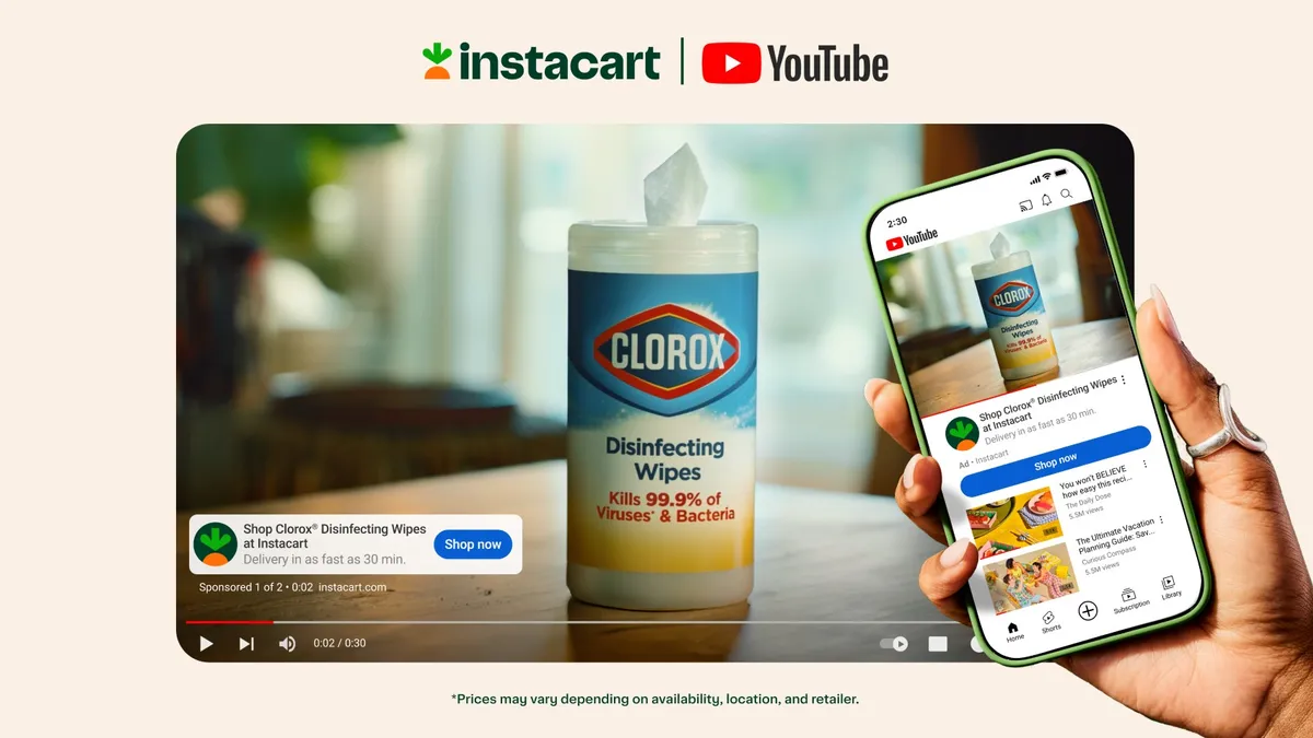 A YouTube Shopping advertisement shows Clorox wipes set out on a wood table.