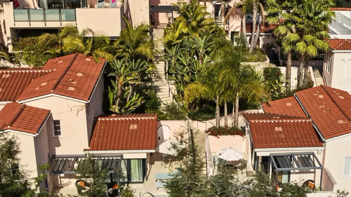 An aerial shot of red tiled roofs at the Hotel Bel-Air.