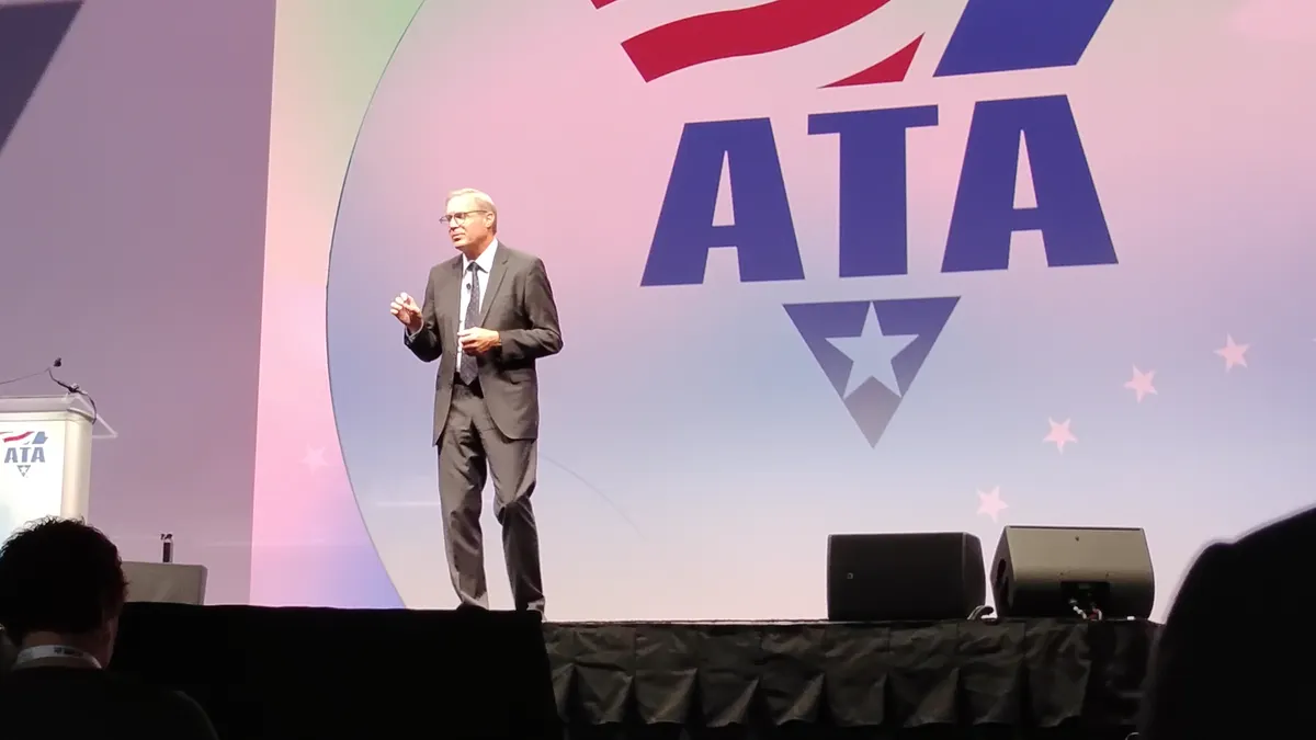 ATA CEO Chris Spear talks on a stage at the San Diego Convention Center on Oct. 27, 2025, for the group's Management Conference & Exhibition.