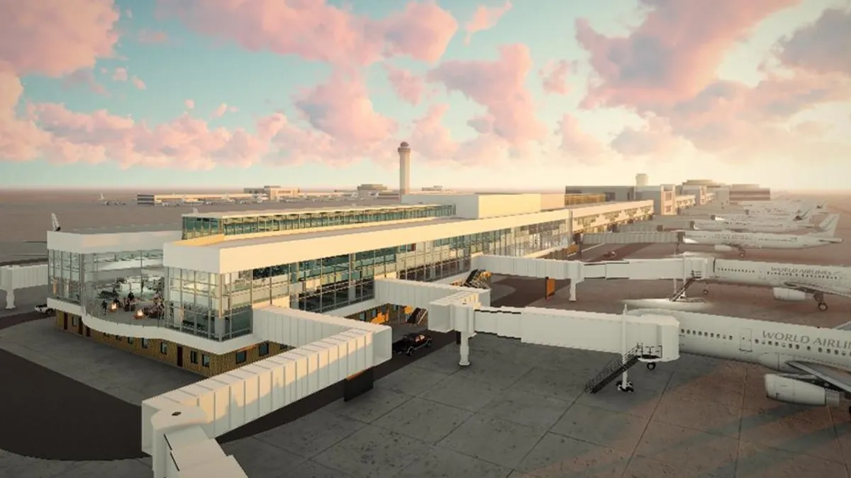 Rendering of the Denver International Airport expansion showing a long glassy white building.