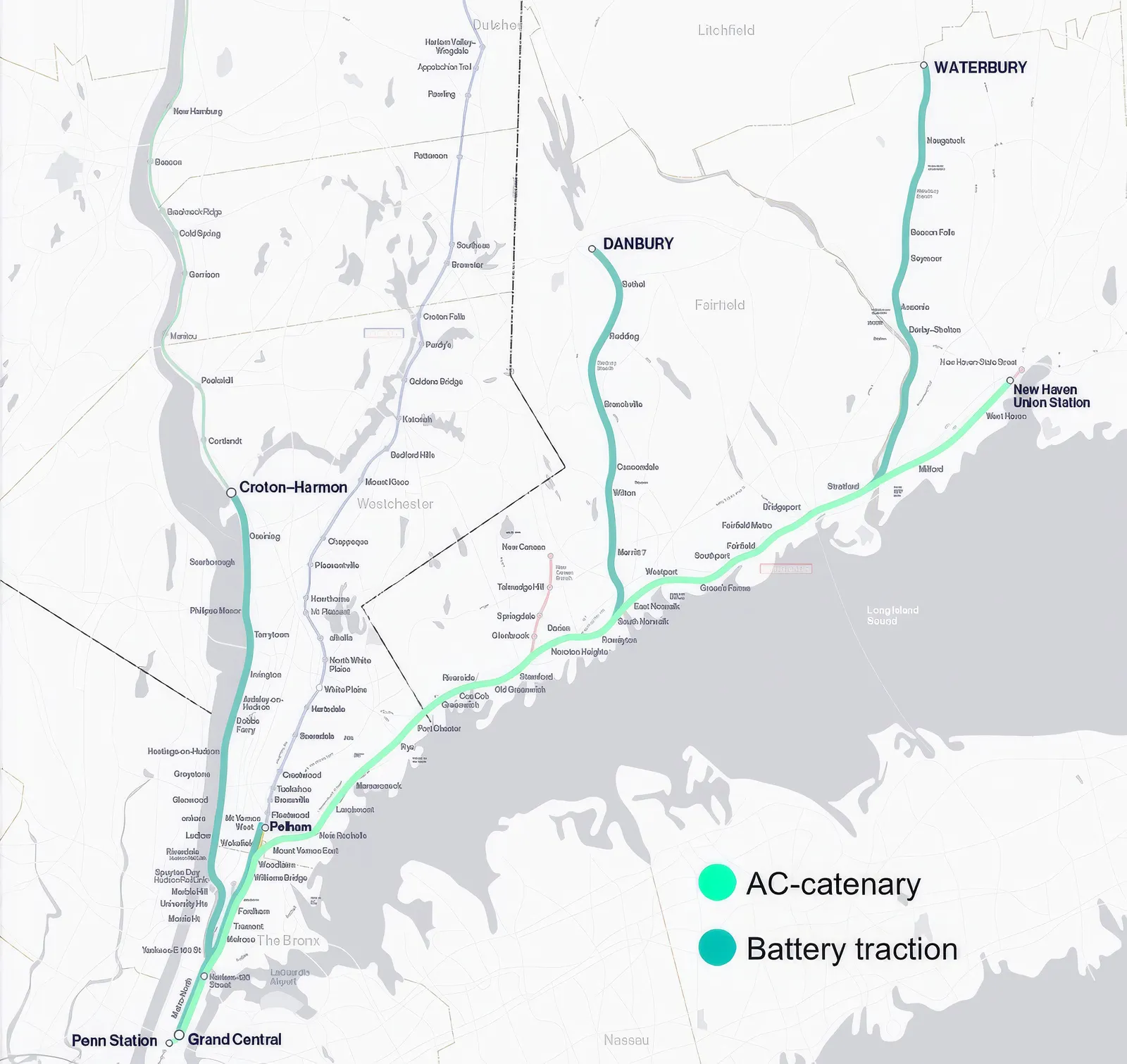 Map showing New York region with lines leading to locations in Connecticut and New York.