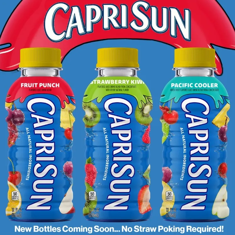 Three colorful bottles of Capri-Sun beverage in different flavors.