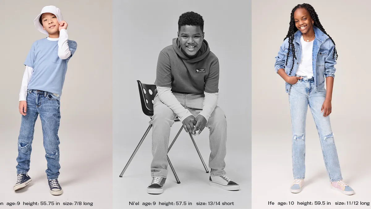 Three children of different sizes wearing denim products.